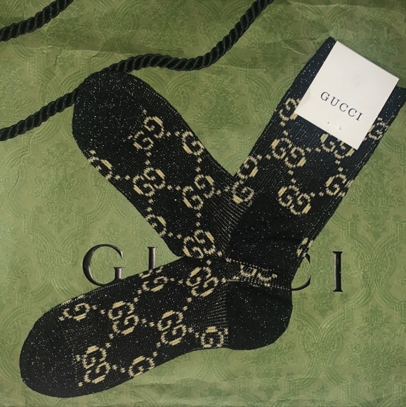 Black and gold authentic Gucci glitter intwined Lamé GG ankle socks AUTHENTIC - Picture 1 of 5